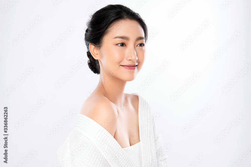 Beautiful Young Asian Woman with Clean Fresh Skin. Face care, Facial treatment, Cosmetology, beauty and healthy skin and cosmetic concept, woman beauty skin isolated on white background Beautiful Young Asian Woman with Clean Fresh Skin. Face care, Facial treatment, Cosmetology, beauty and healthy skin and cosmetic concept, woman beauty skin isolated on white background