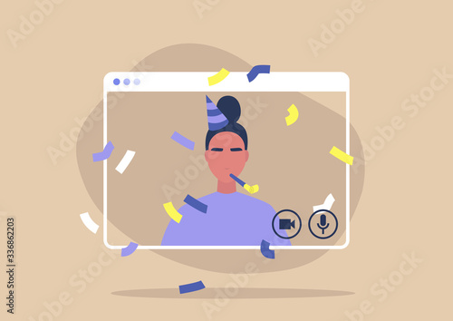 Young female character celebrating their birthday online, self isolation party