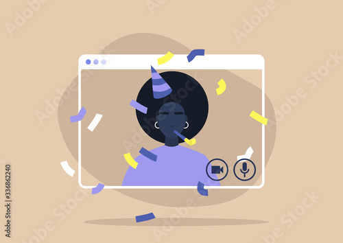 Young black female character celebrating their birthday online, self isolation party