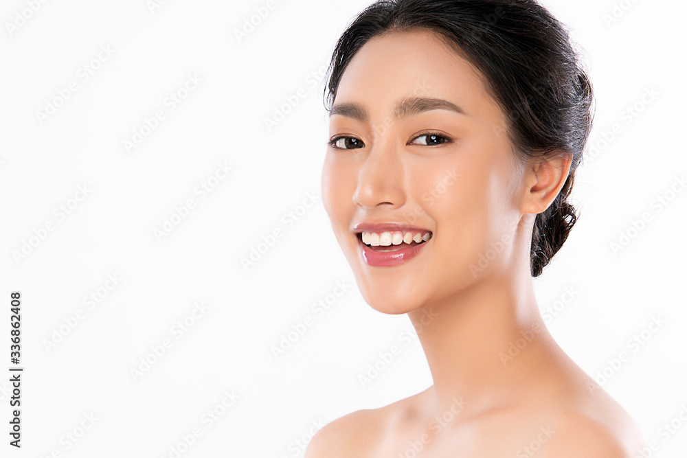 Beautiful Young Asian Woman with Clean Fresh Skin. Face care, Facial treatment, Cosmetology, beauty and healthy skin and cosmetic concept, woman beauty skin isolated on white background Beautiful Young Asian Woman with Clean Fresh Skin. Face care, Facial treatment, Cosmetology, beauty and healthy skin and cosmetic concept, woman beauty skin isolated on white background