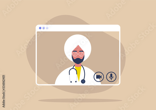 Online consultation with a male indian doctor, social distancing, coronavirus prevention