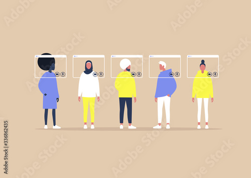 Group video call, virtual window frames, young characters having an online meeting