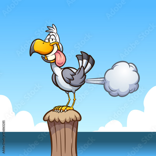 Farting seagull standing on a wooden pole. Vector cartoon clip art illustration with simple gradients. Some elements on separate layers.
