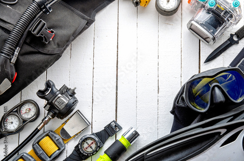 Photography Full set of scuba diving equipment Fins, Regulator/Octopus, Depth Gauge, Balanced Regulator,Power Inflator, Dive Mask and Snorkel , aqualung