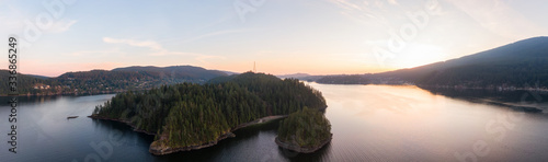 Beautiful Aerial Panoramic View of Cosy Cove  Deep Cove and Indian Arm during a vibrant sunset. Vancouver  British Columbia  Canada. Nature Background Panorama