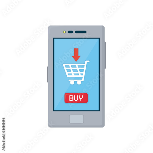 free shipping concept, smartphone with shopping cart on screen icon, flat style