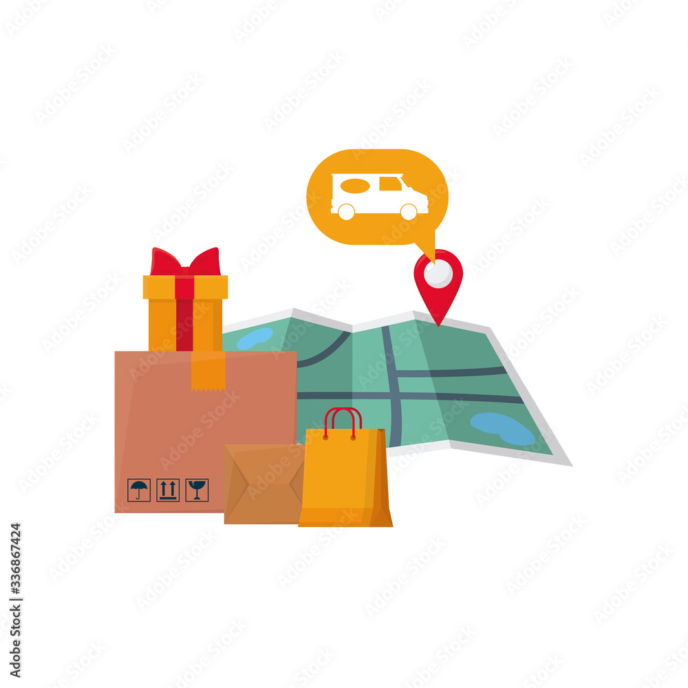 free delivery concept, gift boxes, shopping bag and map icon, colorful design