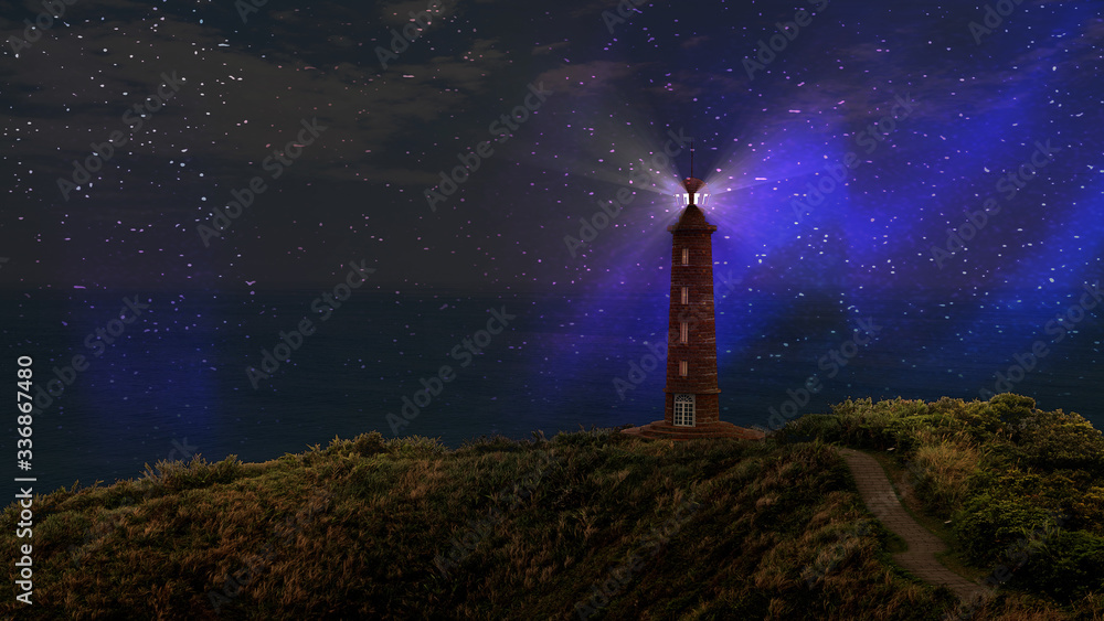 3d rendering of beautiful light house on the hill