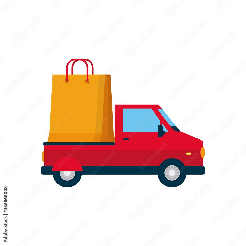 delivery pickup truck with shopping bag icon, flat style