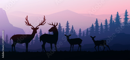 Canvas Print Herd of deer in the natural forest