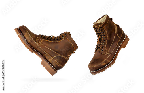 Men fashion brown boot leather isolated over white background. Concept for website and promotion banners.