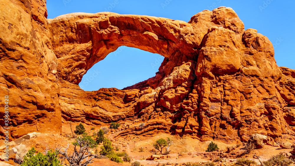 The South Window Arch in the Windows Section in the desert landscape of Arches National Park, Utah, United States