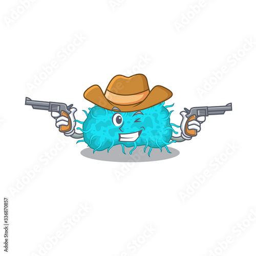 Cute handsome cowboy of bacteria prokaryote cartoon character with guns