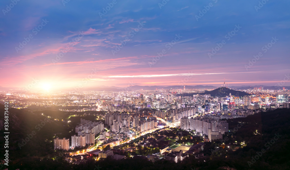 View of Seoul City Skyline and Seoul Tower at Sunrise South Korea