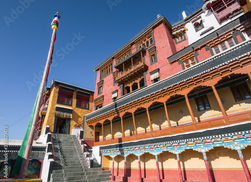 Colorful courtyard facade at Thiksay Monastery, Ladakh, India.