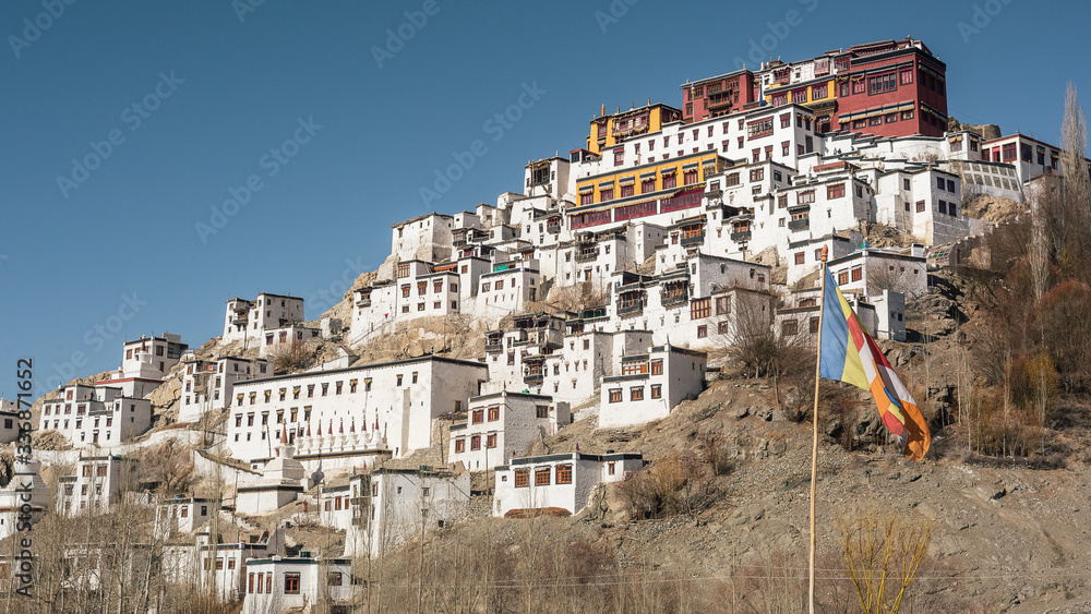 View of the towering Buddhist Thiksay Monastery.