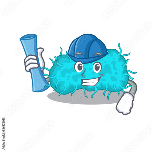 Cartoon character of bacteria prokaryote brainy Architect with blue prints and blue helmet