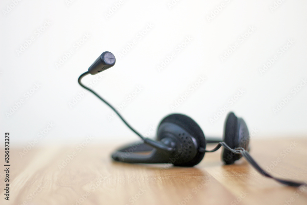 VOIP communication headset support, call center operator and customer service desk work VOIP communication headset support, call center operator and customer service desk work