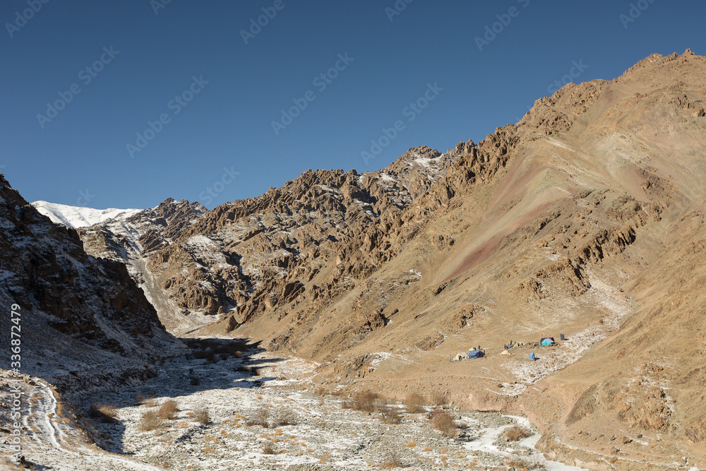 Stok Valley with view of expedition basecamp, snow leopard, Ladakh, India.