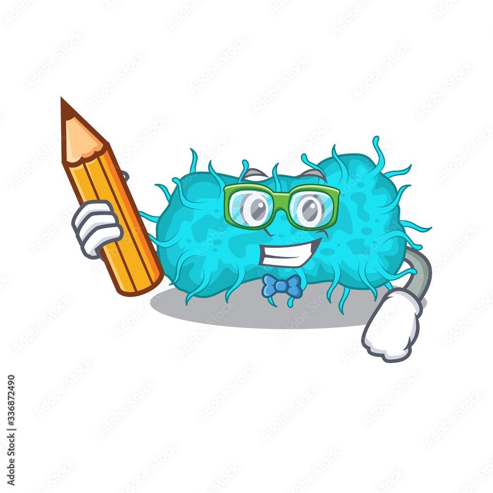 A brainy student bacteria prokaryote cartoon character with pencil and glasses