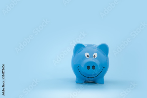 Ceramic cute blue piggy bank with copy space