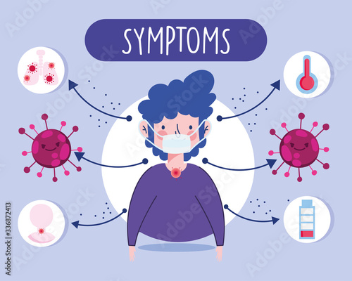 covid 19 coronavirus infographic, sickness patient with protective mask, fever,