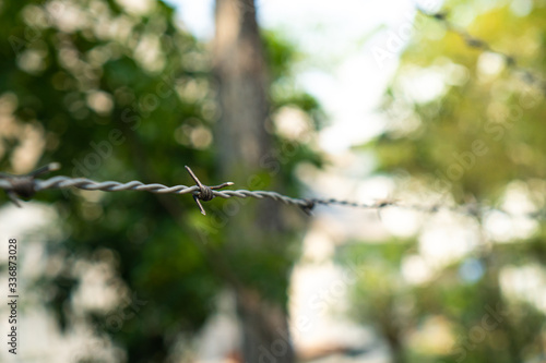 Shallow Depth of field of barbed wire and blurred background. Concept for forbidden area and security. photo