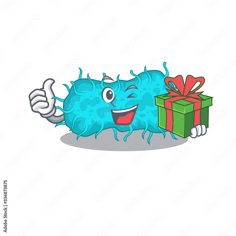 Smiling bacteria prokaryote cartoon character having a green gift box