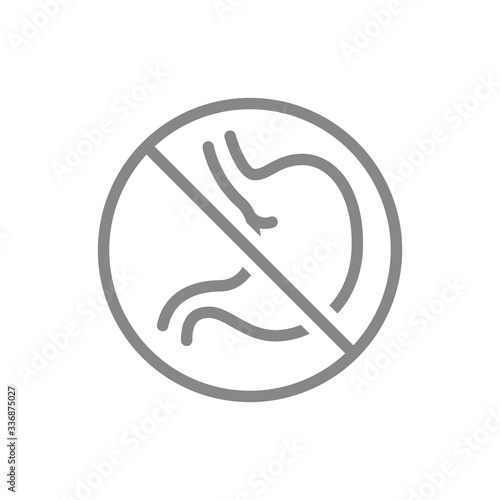 Forbidden sign with a stomach line icon. Amputation internal organ, no stomach, transplant rejection symbol
