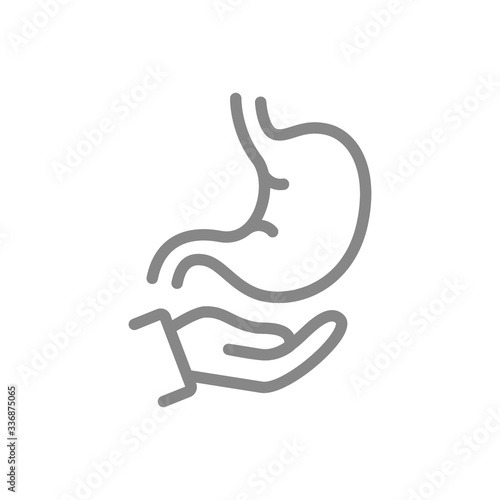 Stomach on hand line icon. Human organ treatment, disease prevention symbol