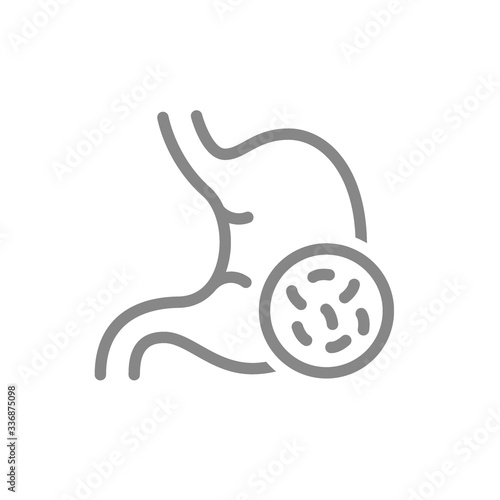 Stomach with bacteria line icon. Disease internal organ, diarrhea, Escherichia coli, salmonella symbol