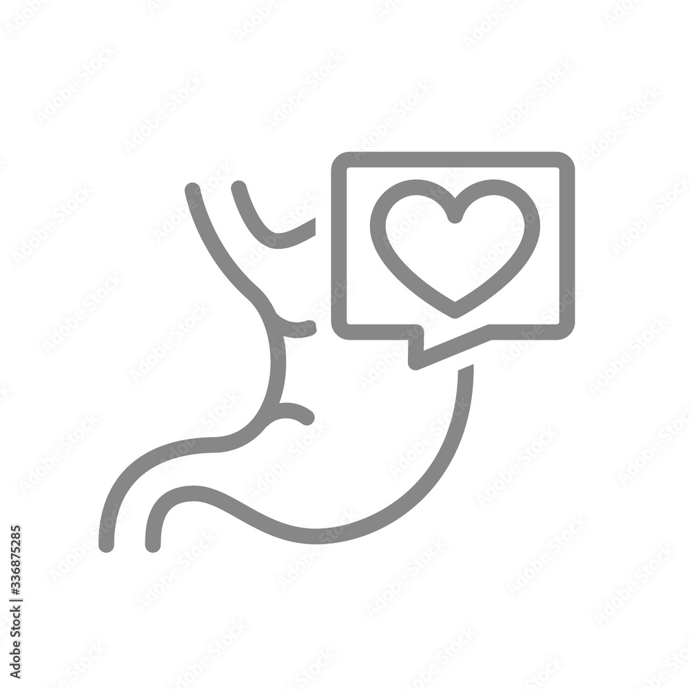 Stomach with heart in speech bubble line icon. Healthy gastrointestinal tract symbol Stomach with heart in speech bubble line icon. Healthy gastrointestinal tract symbol