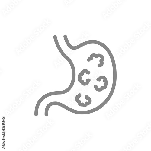 Stomach with tumors line icon. Stomach cancer, disease internal organ, ulcer symbol