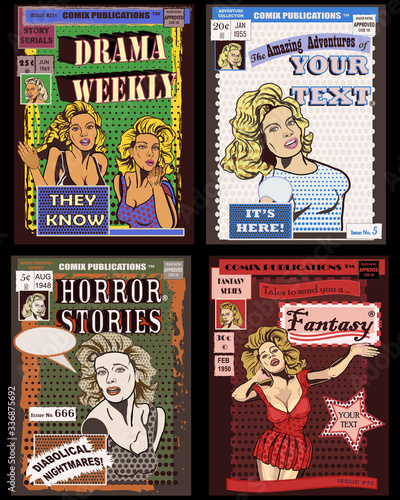 Vector Retro Comic Book Templates - Fictional Characters for your Original Designs and Text