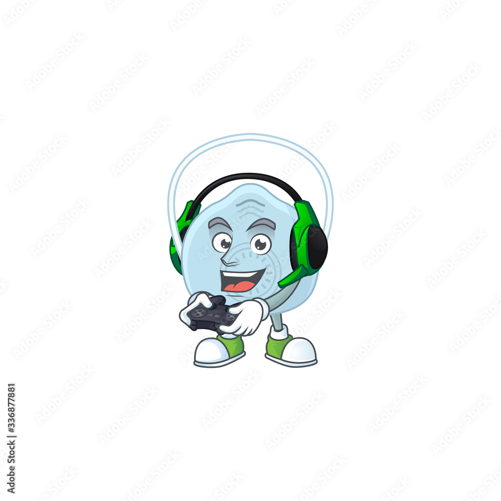 A cartoon design of breathing mask talented gamer play with headphone and controller