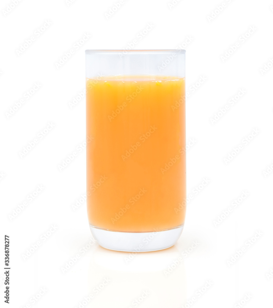 Close-up of Glass squeezed orange juice, yellow color isolated on white background. Organic tropical fruit drink from natural. Concept food is vegetarian for a healthy. Close-up of Glass squeezed orange juice, yellow color isolated on white background. Organic tropical fruit drink from natural. Concept food is vegetarian for a healthy.