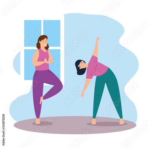 women exercising in the house scene vector illustration design