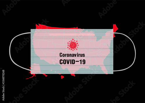 Face mask. Surgical mask. for prevent harmful germs on America map. USA red map, isolated on black background. COVID-19 concept. Coronavirus Outbreak Vector Illustration.