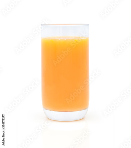 Close-up of Glass squeezed orange juice, yellow color isolated on white background. Organic tropical fruit drink from natural. Concept food is vegetarian for a healthy.