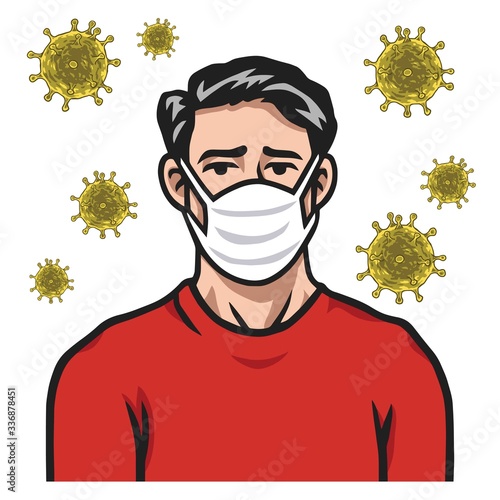 Man Wearing Face Mask Anti Coronavirus Covid-19 Virus Cartoon Vector Illustration
