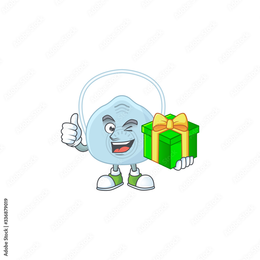 Smiley breathing mask cartoon character holding a gift box