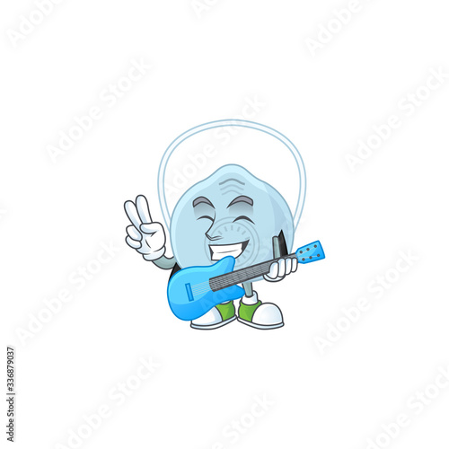 Happy face of breathing mask cartoon plays music with a guitar photo