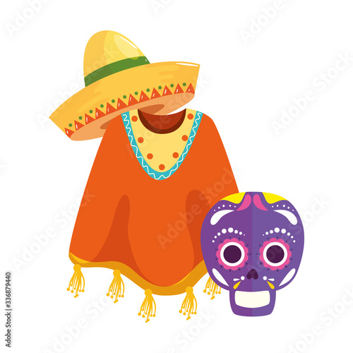 Mexican poncho skull and hat design, Mexico culture tourism landmark latin and party theme Vector illustration