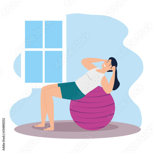 woman doing pilates with ball in the house vector illustration design