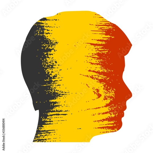 Double exposure portrait of young man. Belgium flag design concept. Flag textured by grungy wood pattern. Image relative to travel and politic themes