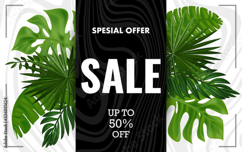Tropical sale banner , sidewide sale promotion for email list or social media announcement, clearance coupon. EPS 10
