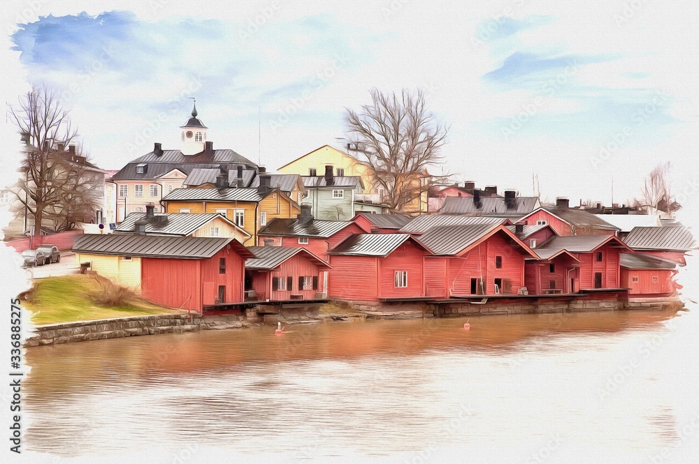 City of Porvoo. Former customs terminals. Imitation of a picture. Oil paint. Illustration