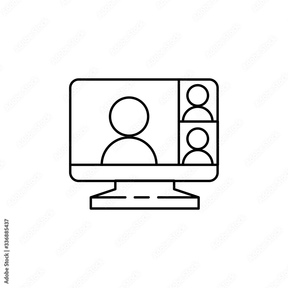 Computer screen icon with a live broadcast on a streaming channel with a symbol of a person having a video call or online conference meeting. Computer screen icon with a live broadcast on a streaming channel with a symbol of a person having a video call or online conference meeting.