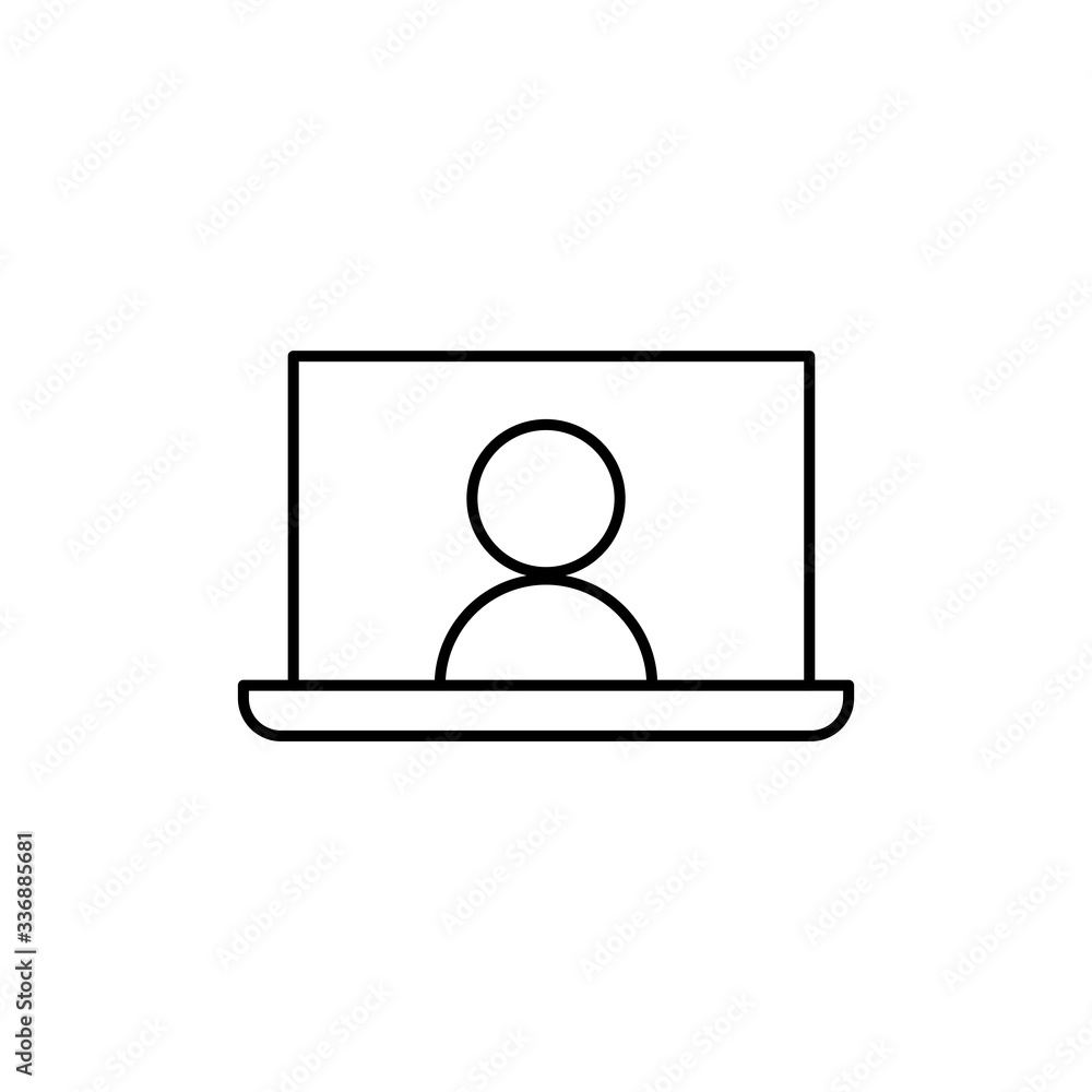 Computer screen icon with a live broadcast on a streaming channel with a symbol of a person having a video call or online conference meeting. Computer screen icon with a live broadcast on a streaming channel with a symbol of a person having a video call or online conference meeting.