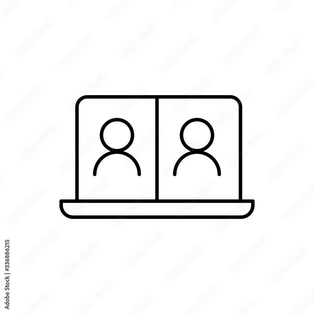 Computer screen icon with a live broadcast on a streaming channel with a symbol of a person having a video call or online conference meeting. Computer screen icon with a live broadcast on a streaming channel with a symbol of a person having a video call or online conference meeting.